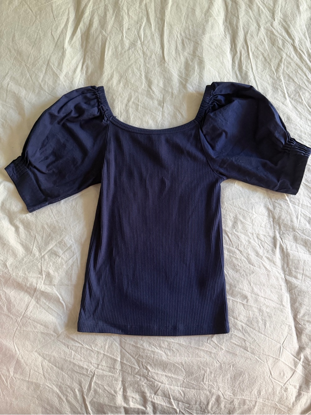 J. Crew Navy Ribbed Puff-Sleeve Square Neck Top